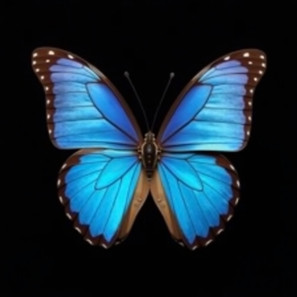 Blue Morpho butterfly with vibrant iridescent blue wings perched on a green leaf