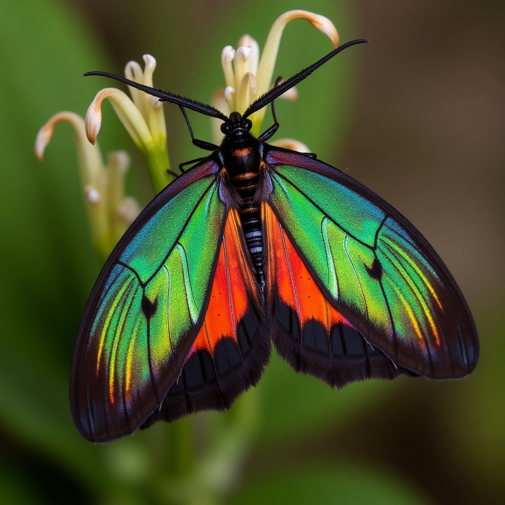 Madagascar Sunset Moth with iridescent green, red and black wings near coastal vegetation