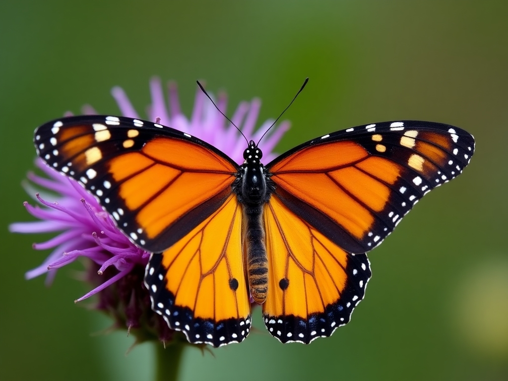 Monarch butterfly with distinctive orange and black pattern wings resting on a purple flower
