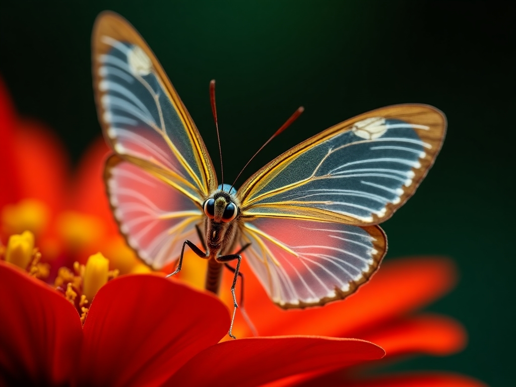 Glasswing butterfly with transparent wings showing the background through them, perched on a red flower