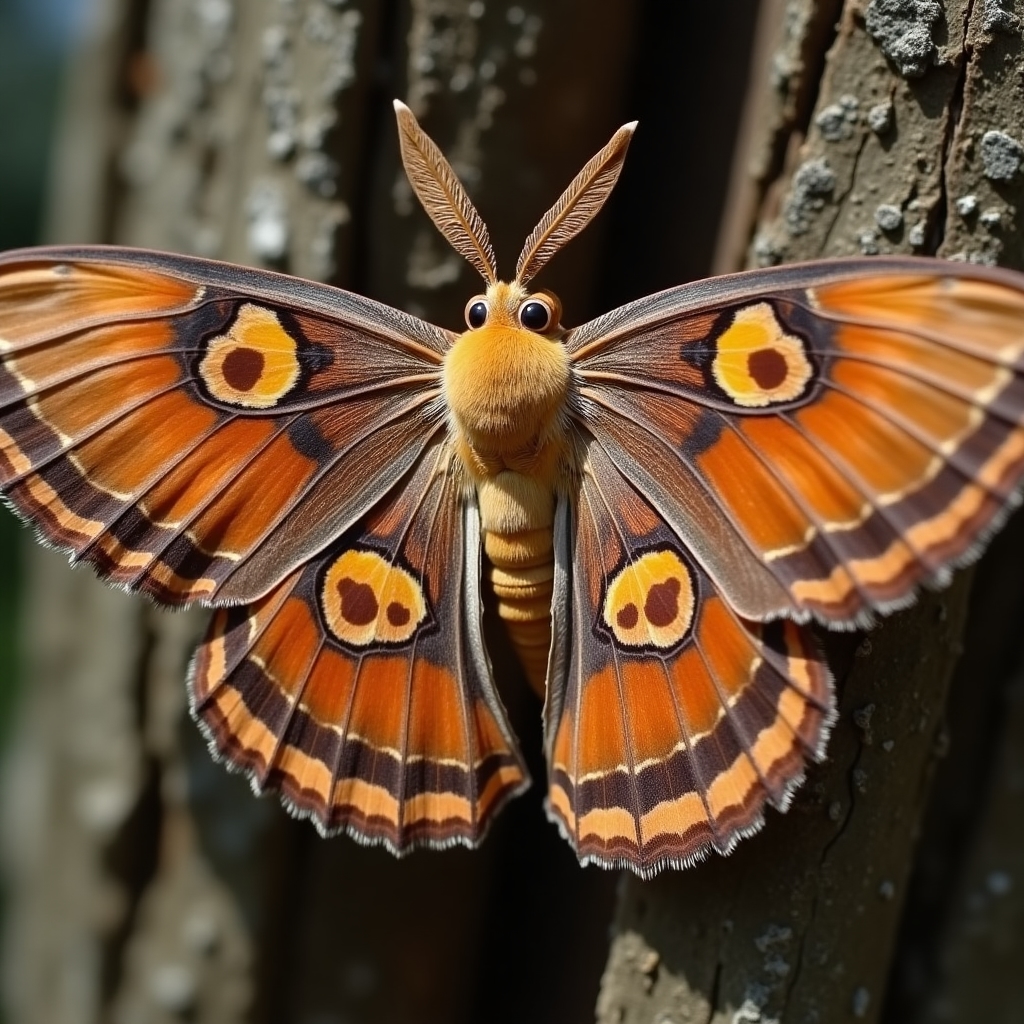 Atlas Moth with large patterned wings spanning several inches, resting on tree bark