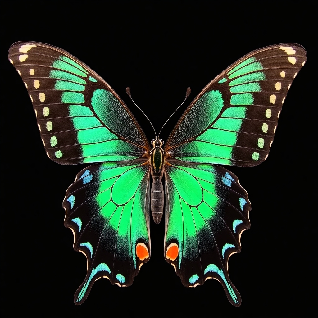 Emerald Swallowtail butterfly with vibrant green and black patterned wings resting on a flower