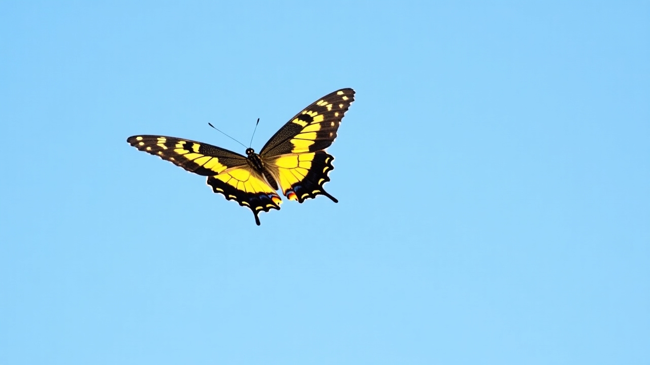 African Swallowtail butterfly with yellow and black patterned wings in flight against blue sky