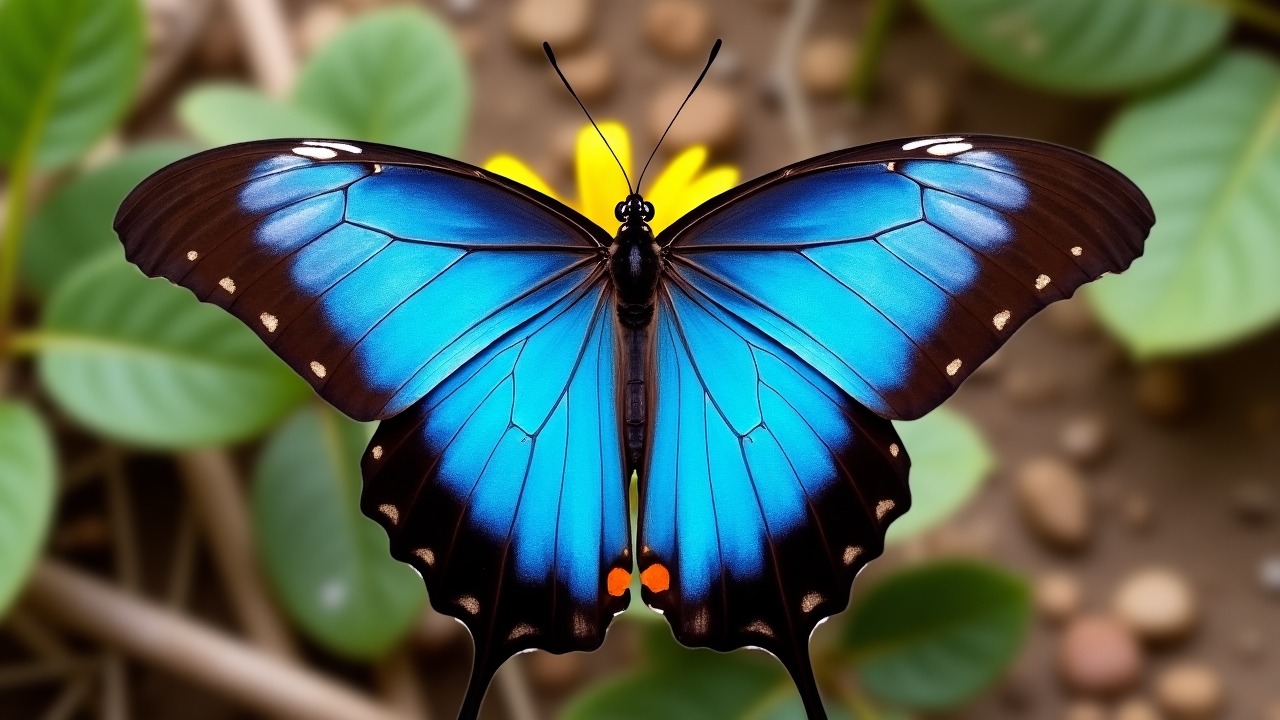 Ulysses butterfly with electric blue wings flying near coastal vegetation