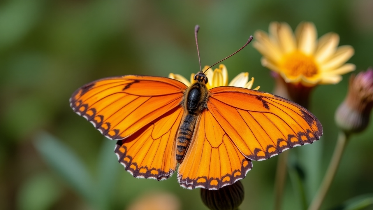 Julia Heliconian butterfly with bright orange wings perched on a mountain flower