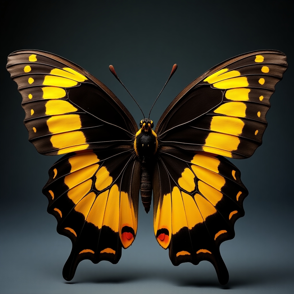 Golden Birdwing butterfly with striking black and gold patterned wings in a rainforest setting