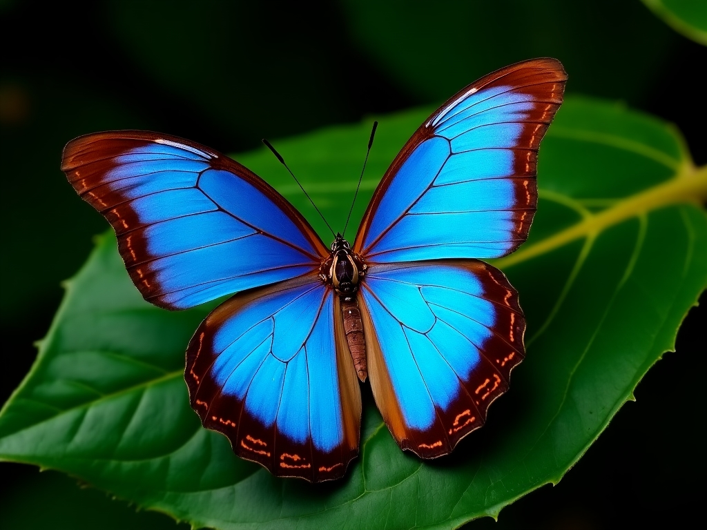 Blue Morpho Butterfly with iridescent blue wings perched on a tropical leaf