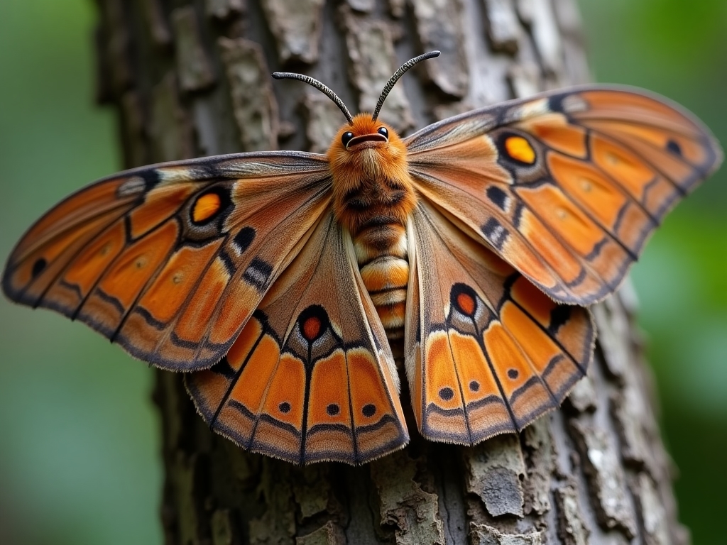 Atlas Moth with large patterned wings resting on tree bark