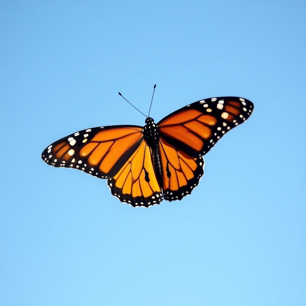 Monarch Butterfly with orange and black patterned wings flying near flowers