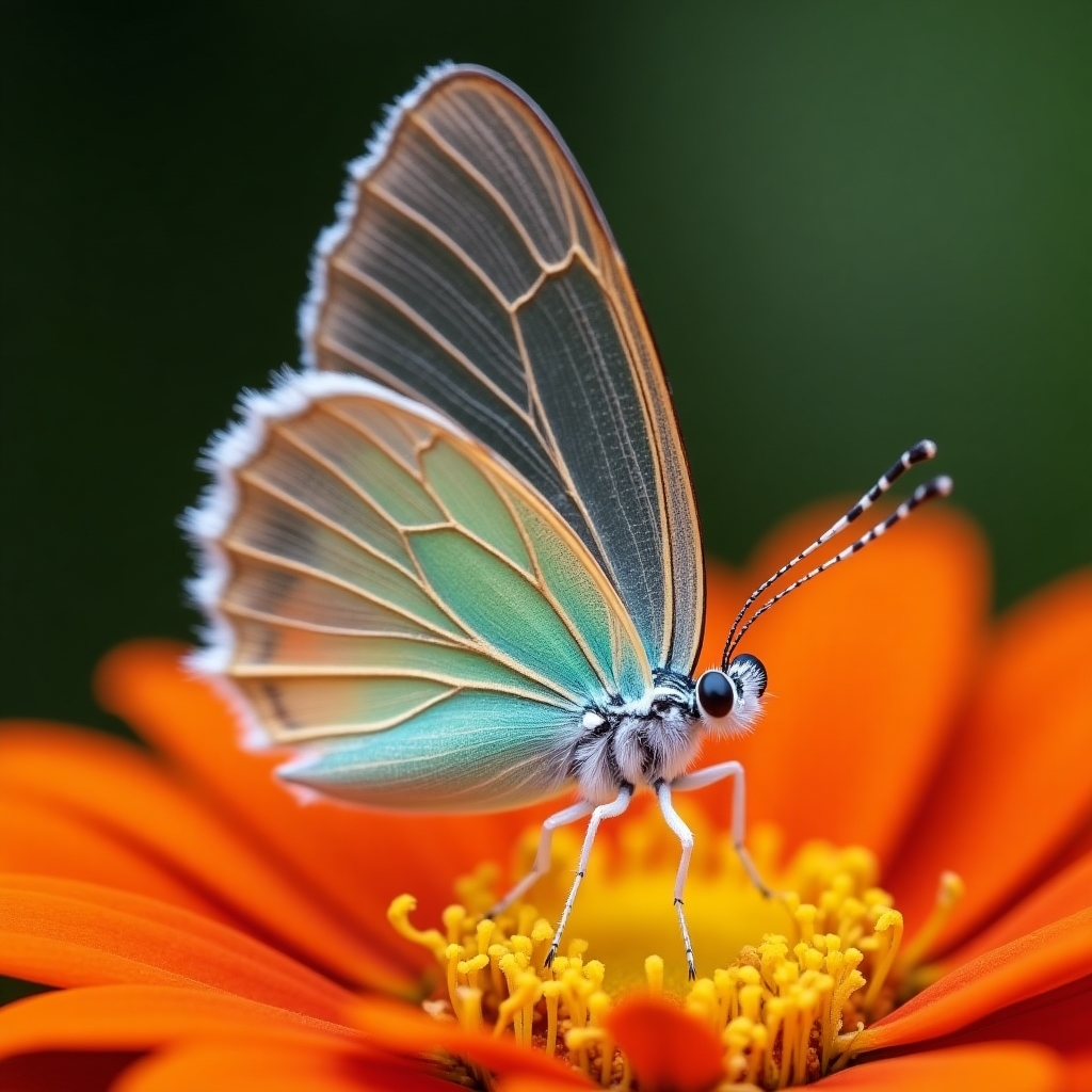 Glasswing Butterfly with transparent wings perched on a vibrant flower