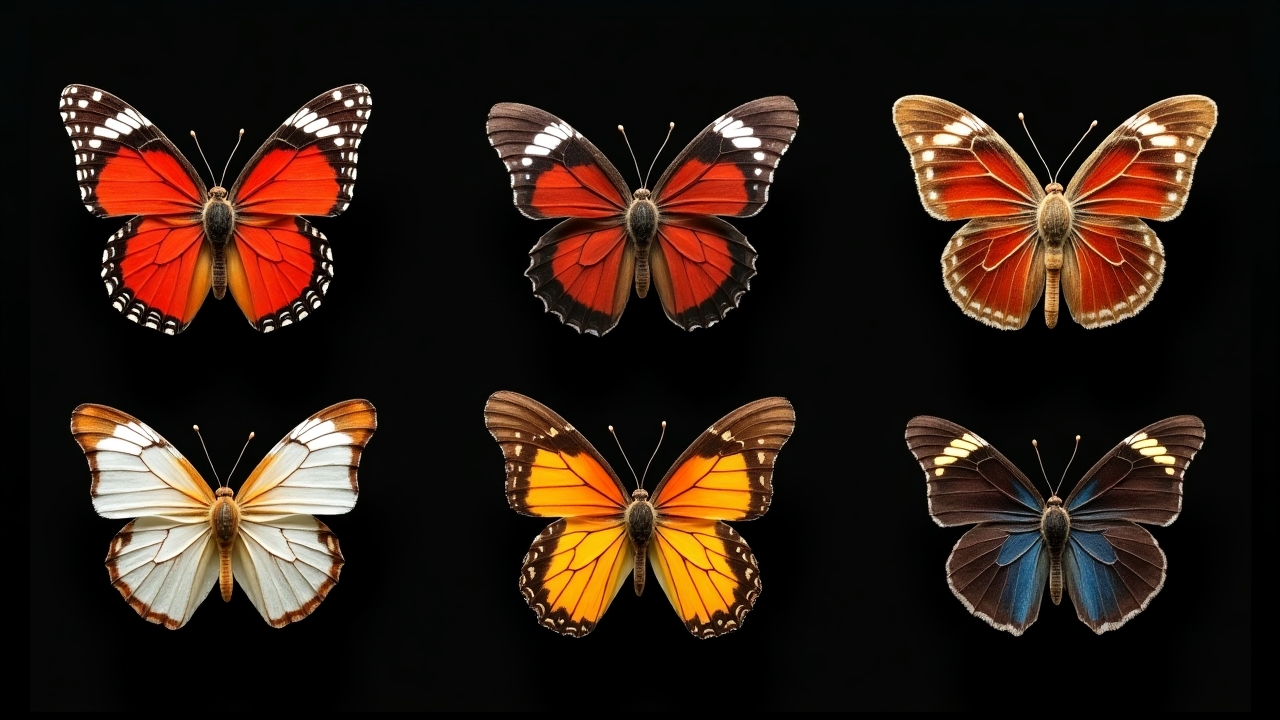 Collage of five colorful butterfly species arranged artistically against a dark background