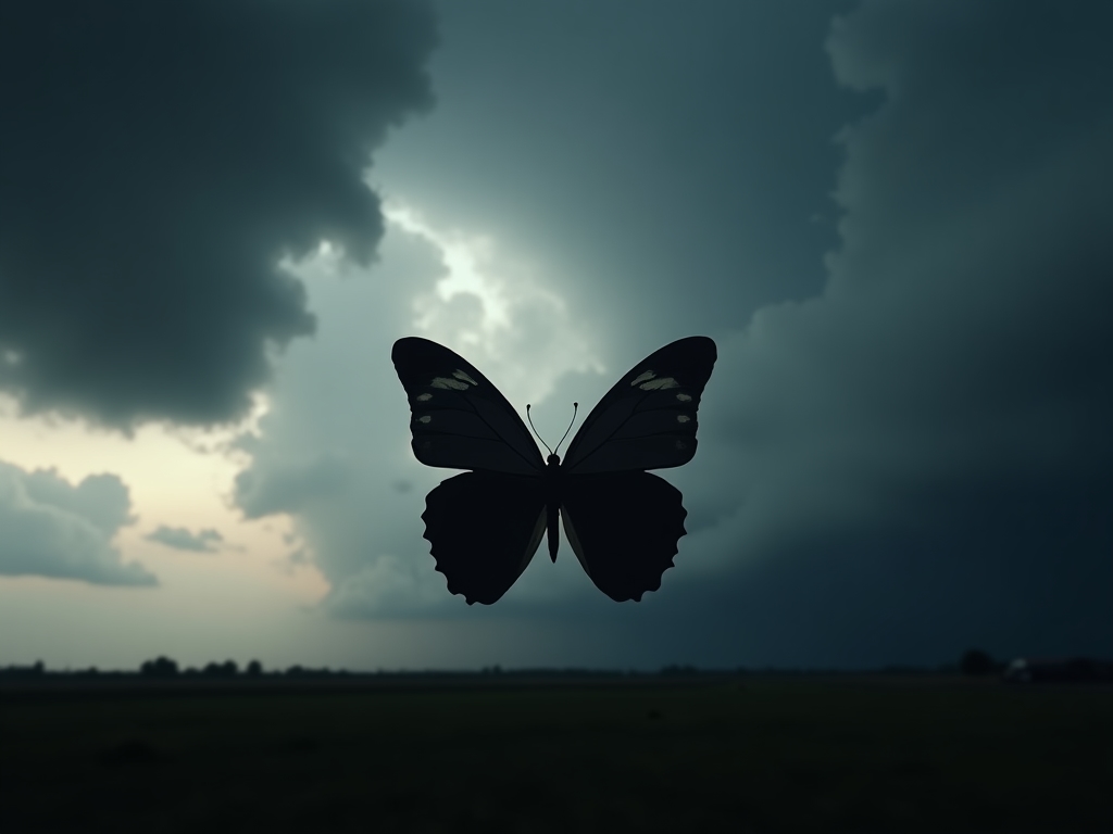 Butterfly silhouette against dramatic storm clouds, illustrating climate change impact