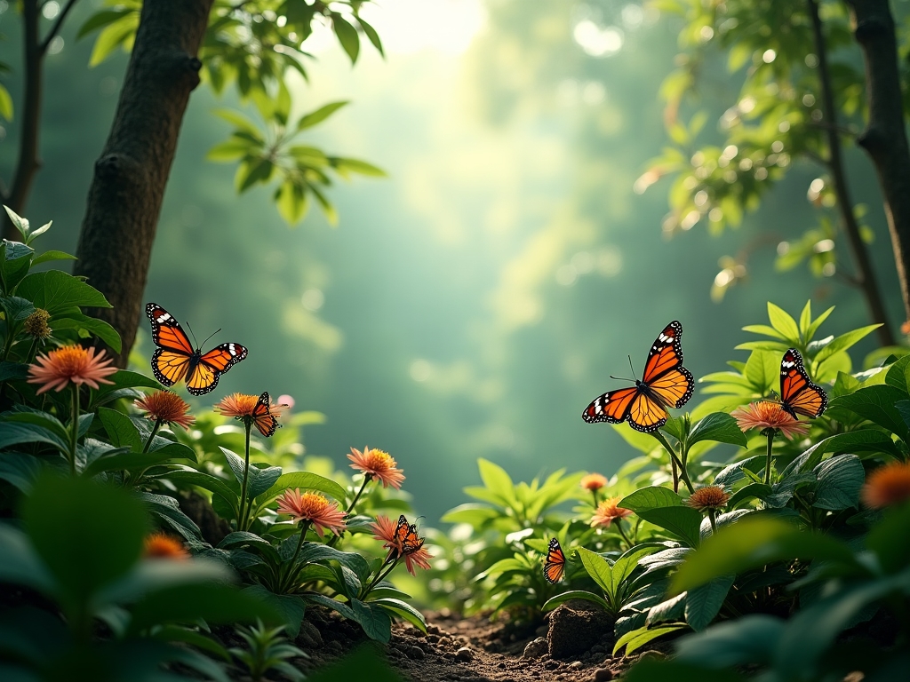 Panoramic view of a lush tropical forest with butterflies flying among flowering plants