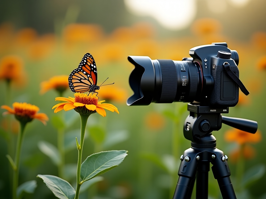 Professional camera equipment set up to photograph a butterfly in a natural setting